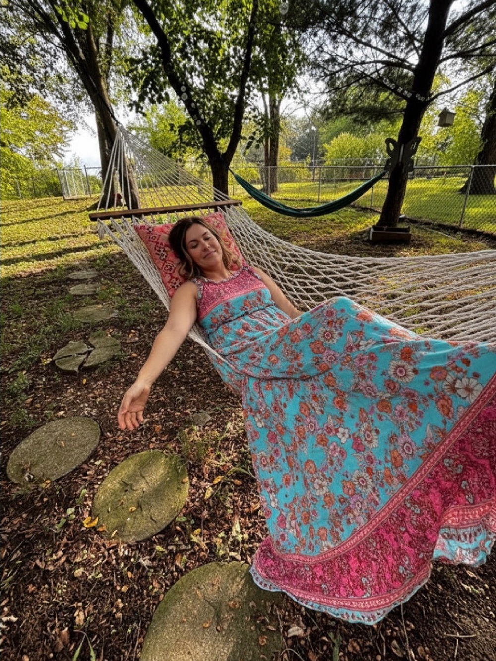 Boho Floral Maxi Dress in Turquoise and Coral size M